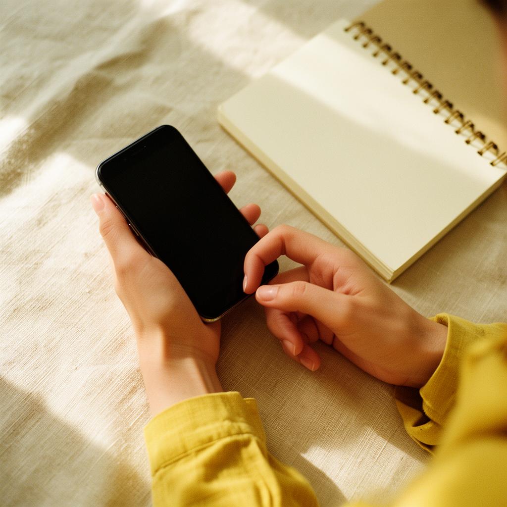 Hands holding a phone next to a notebook